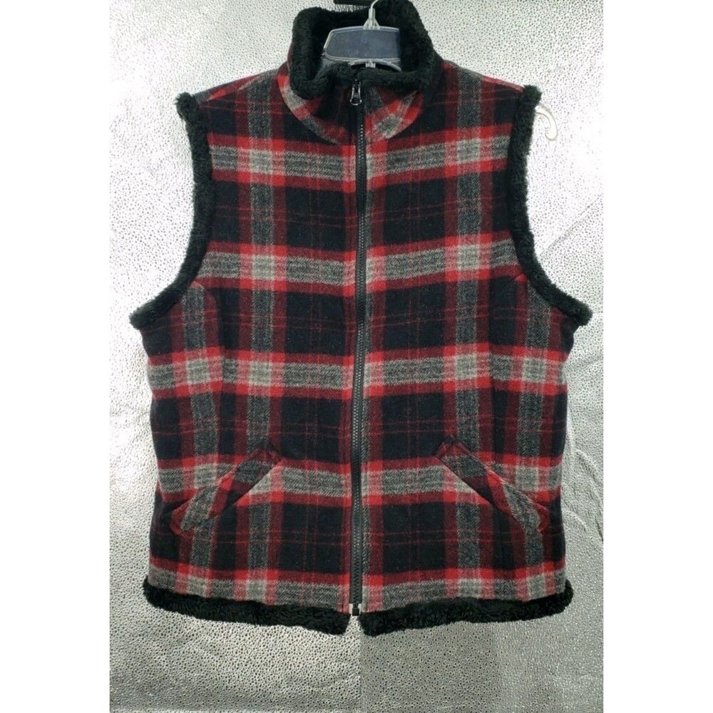 Woolrich Women's Vest Size M Black Red Plaid Wool Blend Faux Fur Lined Full Zip